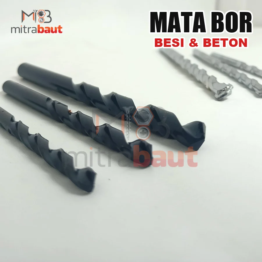 Mata bor besi dan mata bor beton bersebelahan - Mitra Baut Medan